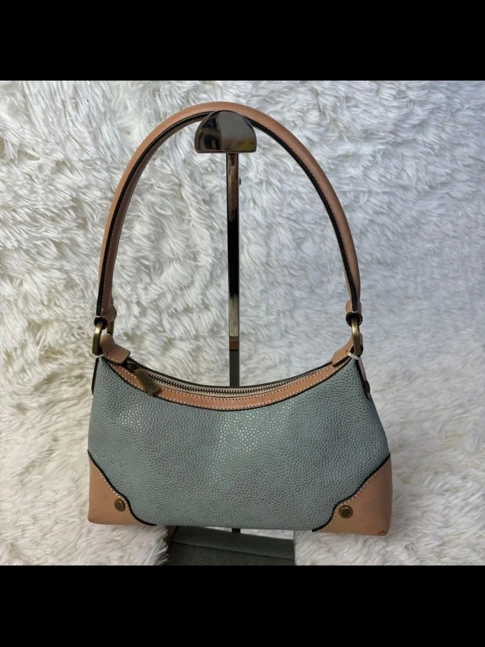 Mulberry Sage Pebbled Leather Shoulder Bag with Tan Trim